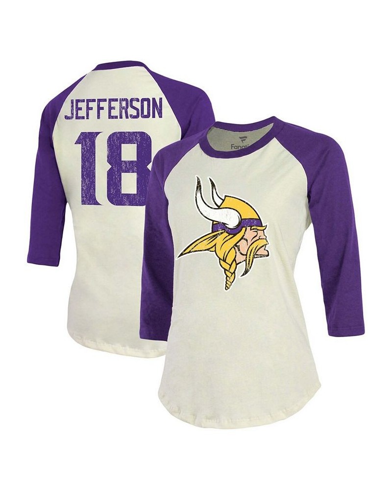 Women's Justin Jefferson Cream Purple Minnesota Vikings Player Raglan Name Number 3/4 Sleeve T-shirt White $35.39 Tops