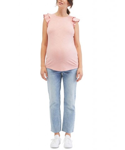 Cotton Flutter-Sleeve Maternity Top Pink $19.60 Tops