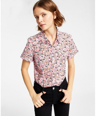 Women's Cotton Floral-Print Camp Shirt Charleston Floral- Bright White/dahlia $23.39 Tops