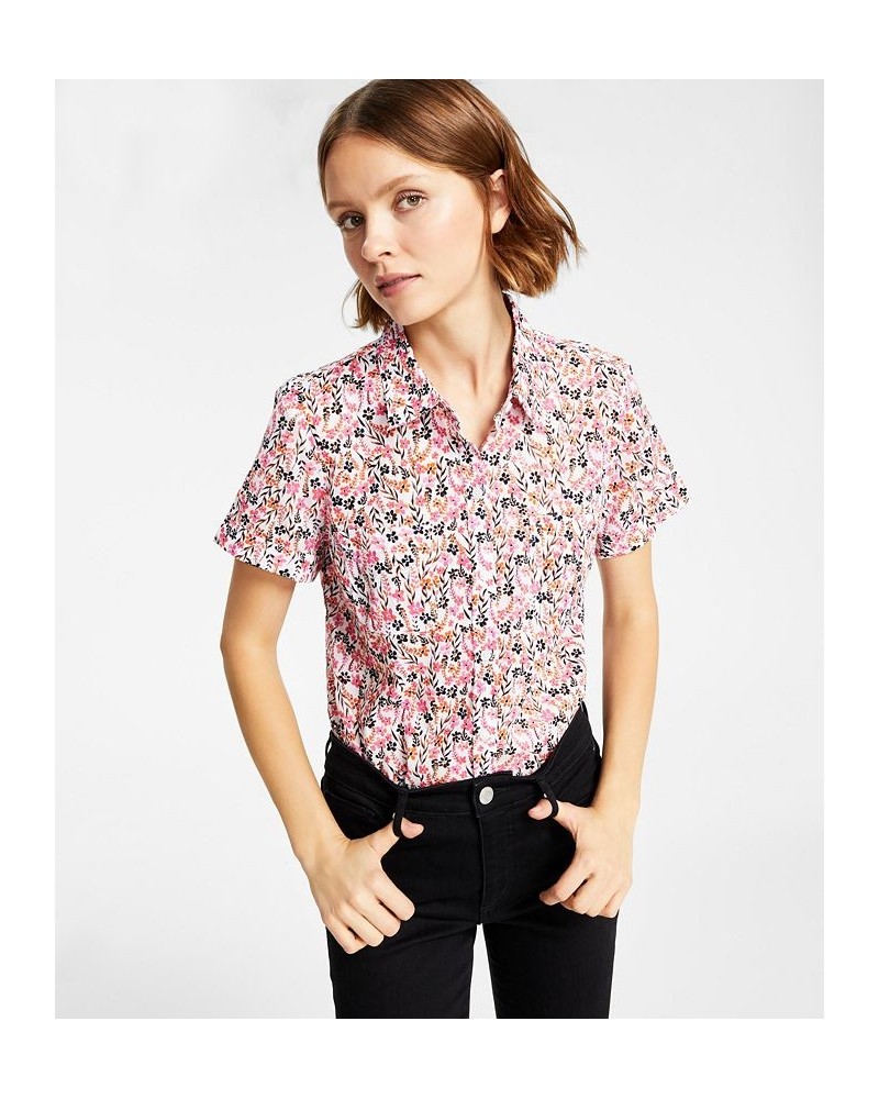 Women's Cotton Floral-Print Camp Shirt Charleston Floral- Bright White/dahlia $23.39 Tops