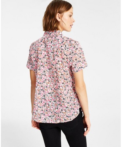 Women's Cotton Floral-Print Camp Shirt Charleston Floral- Bright White/dahlia $23.39 Tops