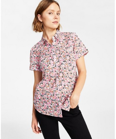 Women's Cotton Floral-Print Camp Shirt Charleston Floral- Bright White/dahlia $23.39 Tops