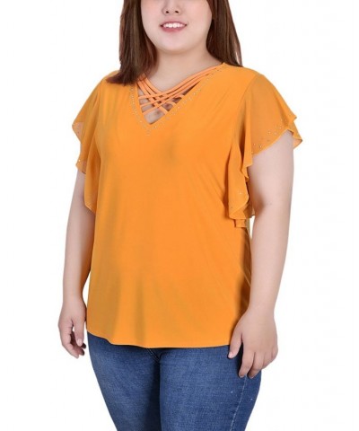 Plus Size Flutter Sleeve Top with Criss Cross Strips Yellow $13.52 Tops