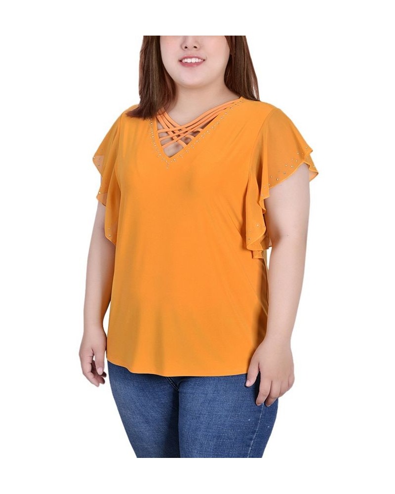 Plus Size Flutter Sleeve Top with Criss Cross Strips Yellow $13.52 Tops