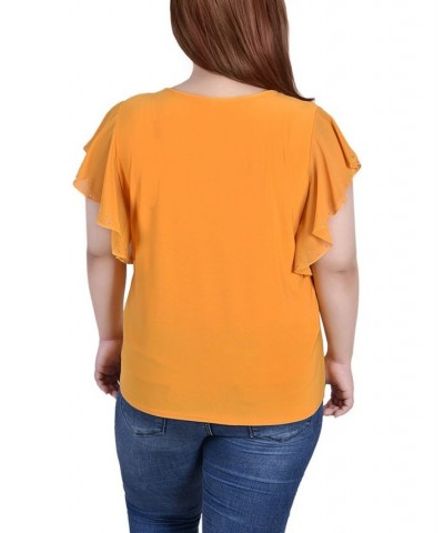 Plus Size Flutter Sleeve Top with Criss Cross Strips Yellow $13.52 Tops