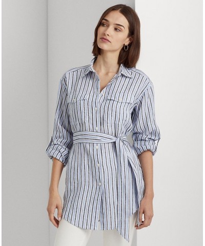 Women's Striped Belted Linen Shirt Blue/white Multi $49.30 Tops