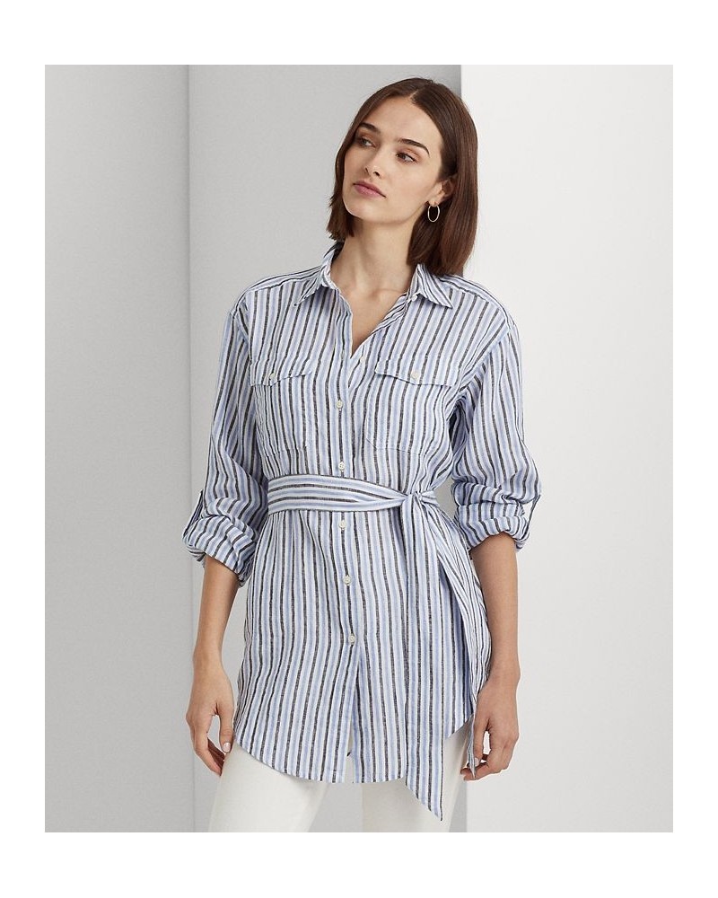 Women's Striped Belted Linen Shirt Blue/white Multi $49.30 Tops