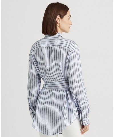 Women's Striped Belted Linen Shirt Blue/white Multi $49.30 Tops