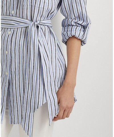 Women's Striped Belted Linen Shirt Blue/white Multi $49.30 Tops