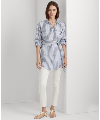 Women's Striped Belted Linen Shirt Blue/white Multi $49.30 Tops