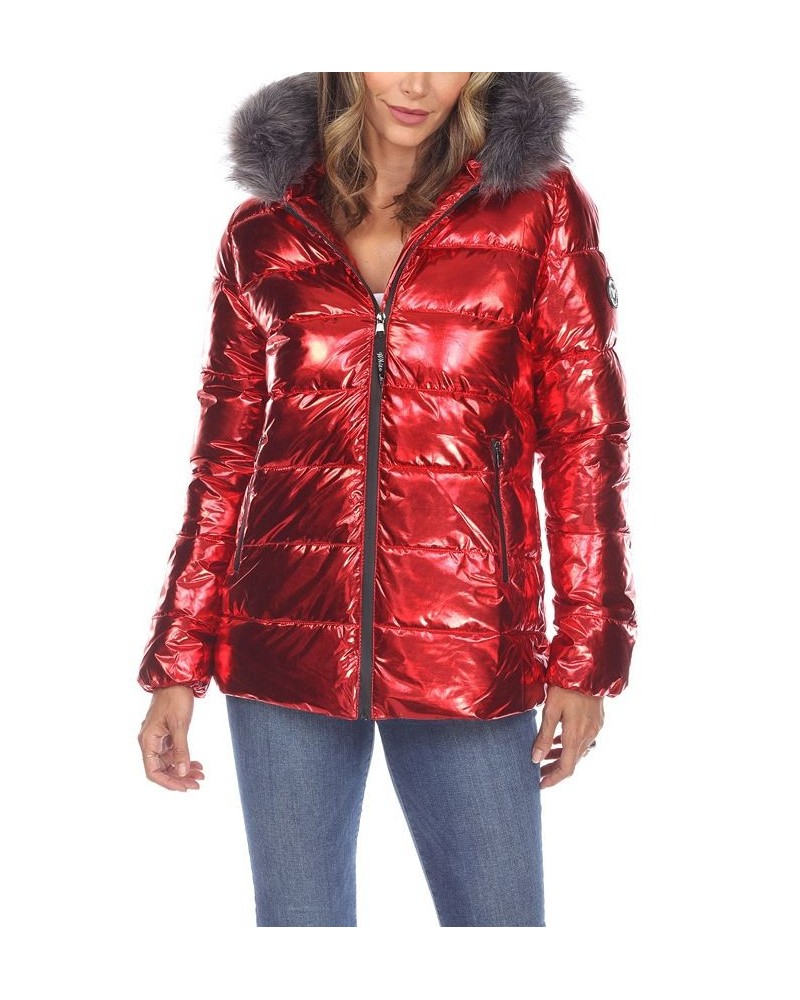 Women's Metallic Puffer Coat With Hoodie Red $37.06 Jackets