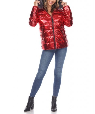 Women's Metallic Puffer Coat With Hoodie Red $37.06 Jackets