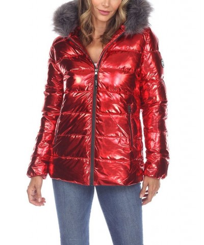 Women's Metallic Puffer Coat With Hoodie Red $37.06 Jackets