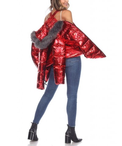 Women's Metallic Puffer Coat With Hoodie Red $37.06 Jackets