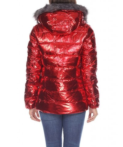 Women's Metallic Puffer Coat With Hoodie Red $37.06 Jackets