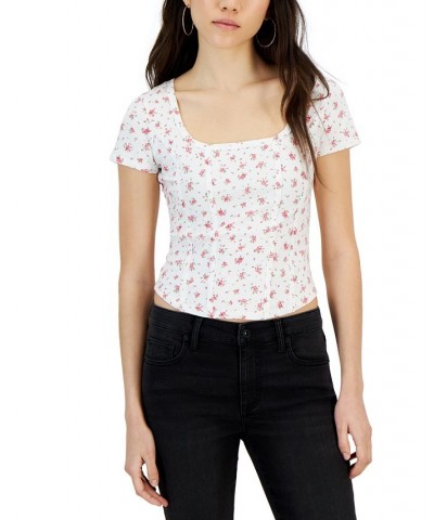 Juniors' Short-Sleeve Corset-Tie Top Multi $10.50 Tops