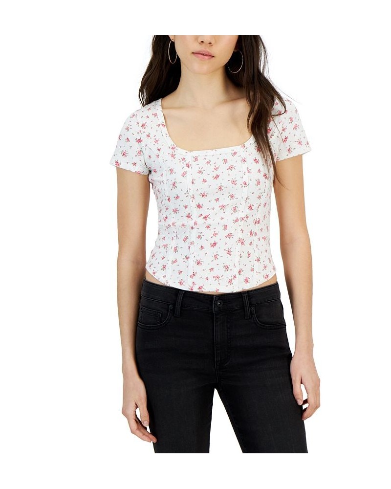 Juniors' Short-Sleeve Corset-Tie Top Multi $10.50 Tops