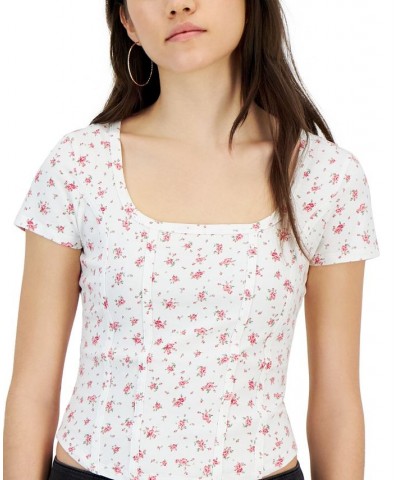 Juniors' Short-Sleeve Corset-Tie Top Multi $10.50 Tops