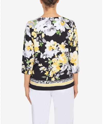 Petite Summer In The City Geometric Trim Floral Knit Top Black $32.67 Tops