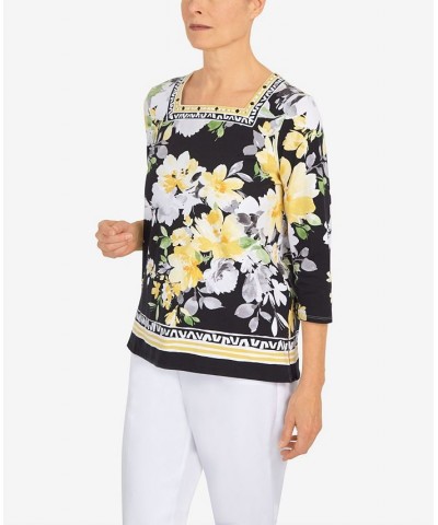 Petite Summer In The City Geometric Trim Floral Knit Top Black $32.67 Tops