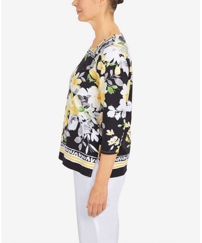 Petite Summer In The City Geometric Trim Floral Knit Top Black $32.67 Tops