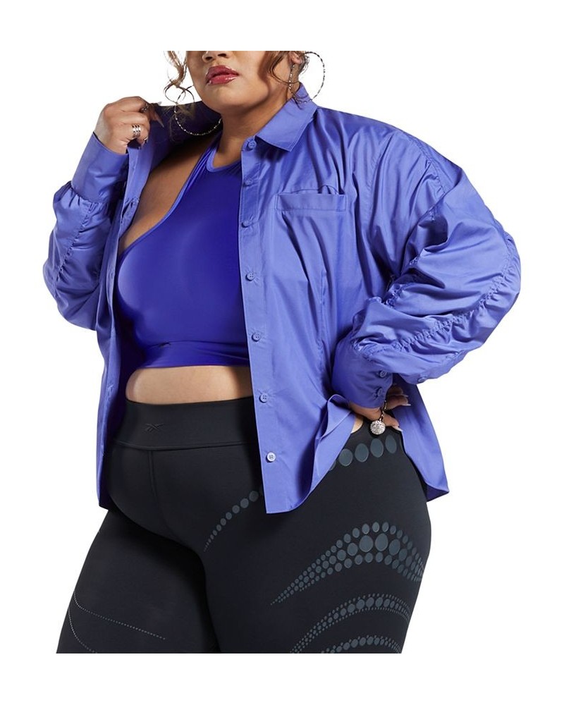 x Cardi B Plus Size Ruched-Sleeve Active Shirt Purple $24.65 Tops