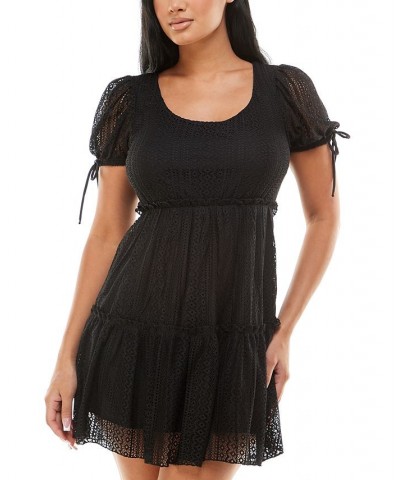 Juniors' Babydoll Scoop-Neck Crochet Dress Black $13.55 Dresses