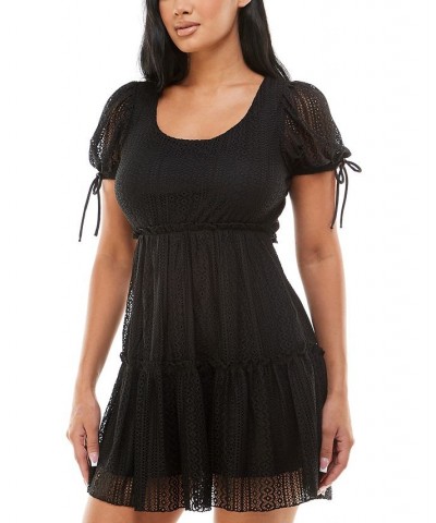 Juniors' Babydoll Scoop-Neck Crochet Dress Black $13.55 Dresses