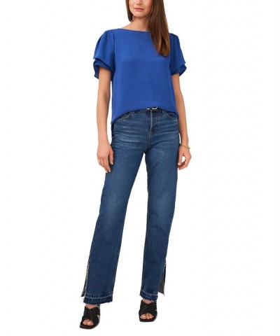 Tulip-Sleeve Top Blue $37.92 Tops