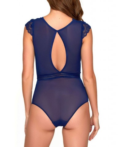 Women's Stretch Lace and Mesh Lingerie Bodysuit Navy $28.82 Lingerie