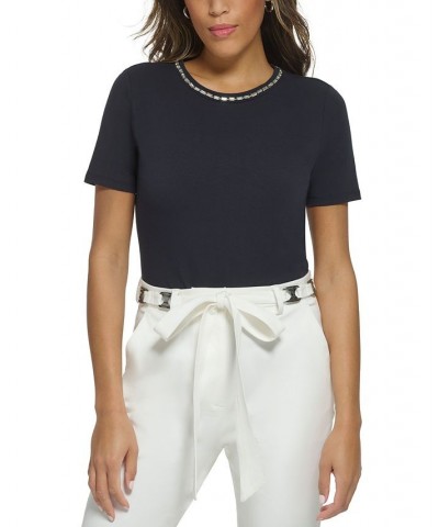 Women's Riviera Solid-Color Embellished T-Shirt Navy $90.30 Tops