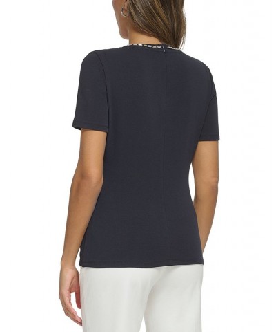 Women's Riviera Solid-Color Embellished T-Shirt Navy $90.30 Tops