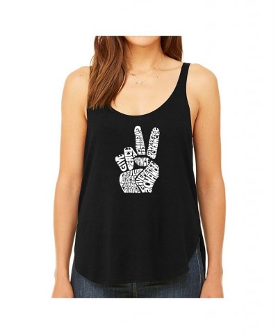 Women's Premium Word Art Flowy Tank Top- Peace Fingers Black $22.94 Tops