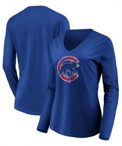 Women's Royal Chicago Cubs Core Team Long Sleeve V-Neck T-shirt Royal $21.60 Tops