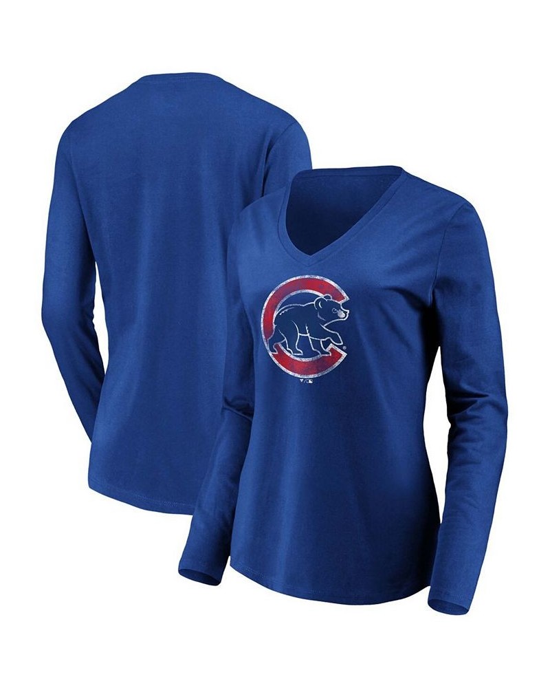 Women's Royal Chicago Cubs Core Team Long Sleeve V-Neck T-shirt Royal $21.60 Tops