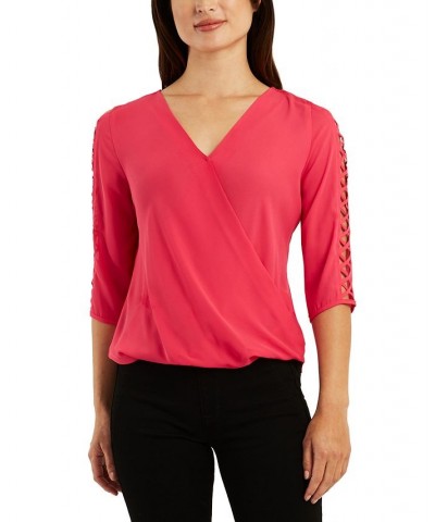 Juniors' Surplice V-Neck Latticed 3/4-Sleeve Top Fuchsia $15.75 Tops