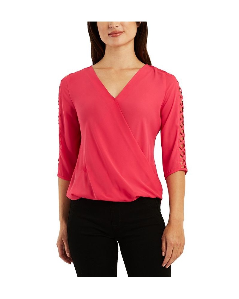 Juniors' Surplice V-Neck Latticed 3/4-Sleeve Top Fuchsia $15.75 Tops