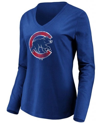 Women's Royal Chicago Cubs Core Team Long Sleeve V-Neck T-shirt Royal $21.60 Tops