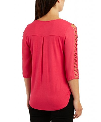 Juniors' Surplice V-Neck Latticed 3/4-Sleeve Top Fuchsia $15.75 Tops