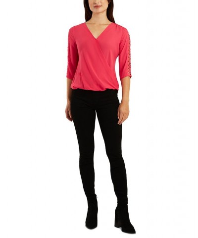 Juniors' Surplice V-Neck Latticed 3/4-Sleeve Top Fuchsia $15.75 Tops