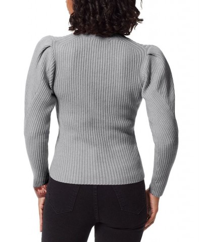 Women's Cohen Ribbed Puff-Sleeve Sweater Gray $35.39 Sweaters