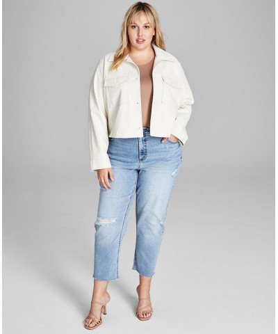 Trendy Plus Size Cropped Faux-Leather Shacket Ivory/Cream $18.87 Jackets