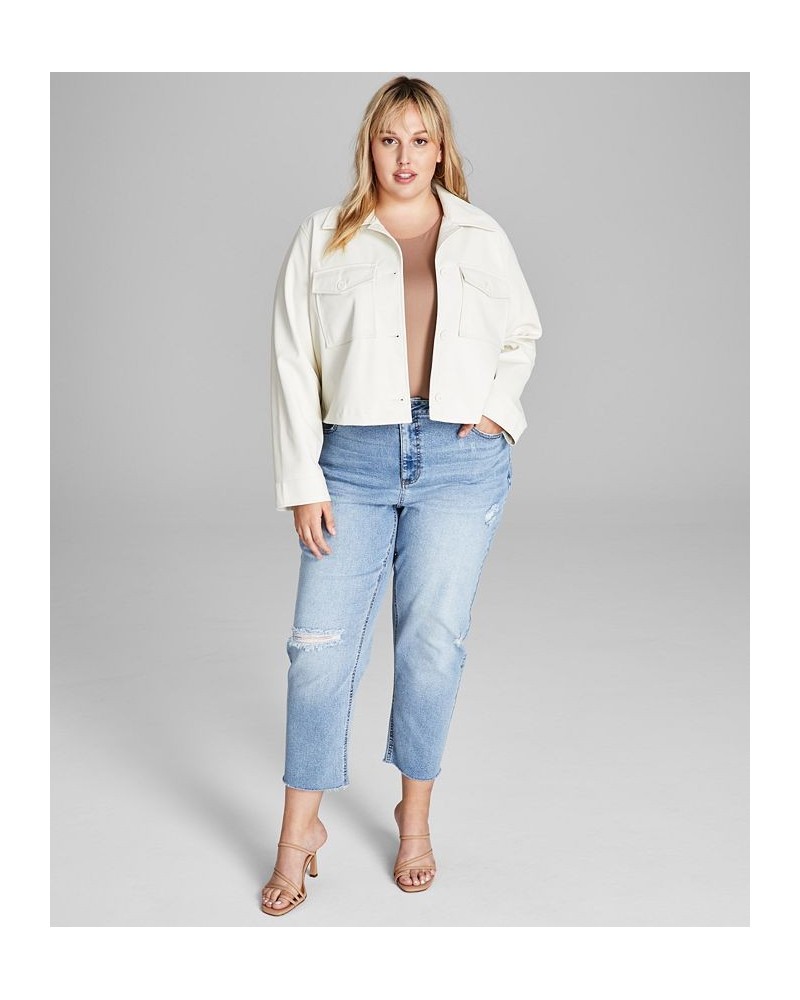 Trendy Plus Size Cropped Faux-Leather Shacket Ivory/Cream $18.87 Jackets