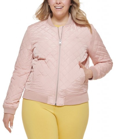 Plus Size Trendy Diamond Quilted Bomber Jacket Pink $42.00 Jackets