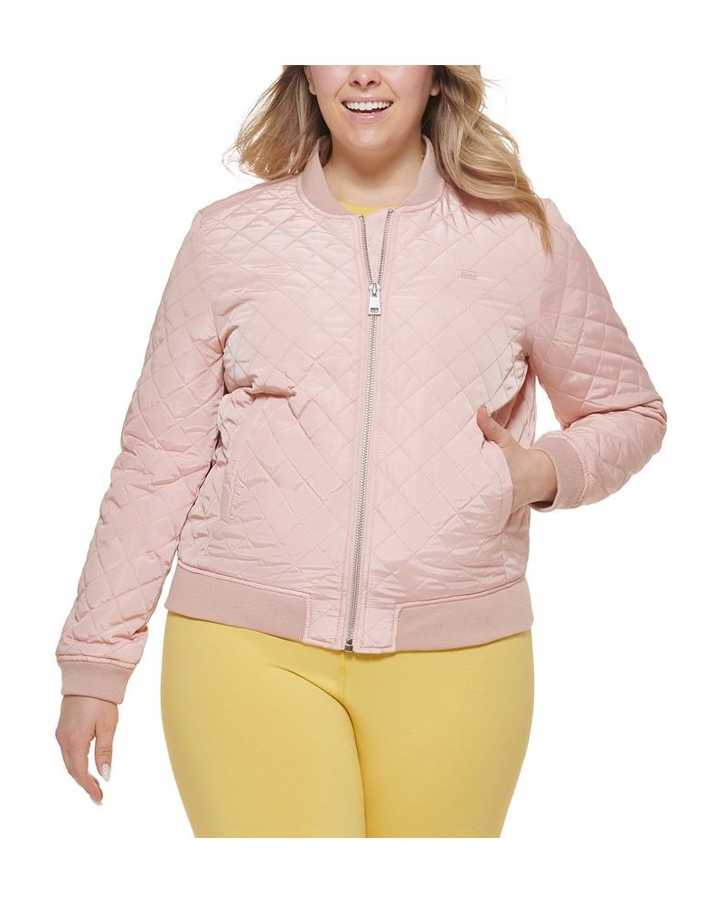 Plus Size Trendy Diamond Quilted Bomber Jacket Pink $42.00 Jackets