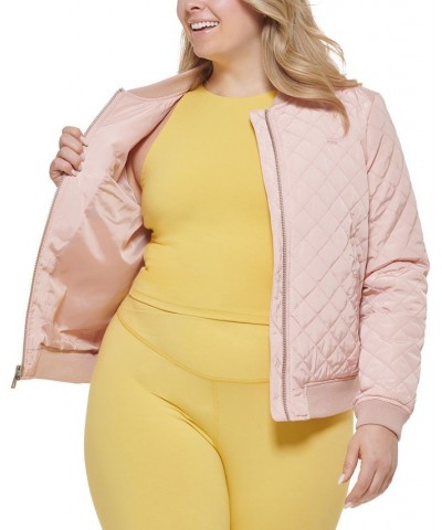 Plus Size Trendy Diamond Quilted Bomber Jacket Pink $42.00 Jackets