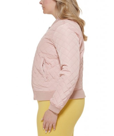 Plus Size Trendy Diamond Quilted Bomber Jacket Pink $42.00 Jackets