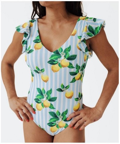 Women's Amalfi Coast Lemon Ruffle One Piece Suit Blue and white stripe lemons $44.20 Swimsuits