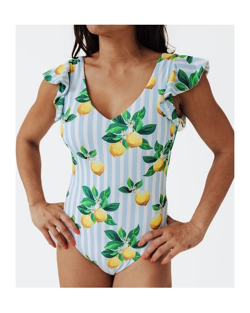 Women's Amalfi Coast Lemon Ruffle One Piece Suit Blue and white stripe lemons $44.20 Swimsuits