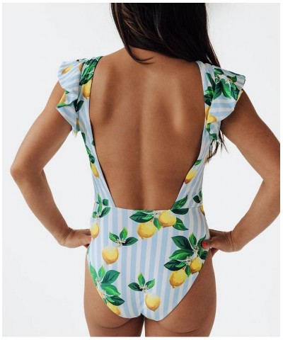 Women's Amalfi Coast Lemon Ruffle One Piece Suit Blue and white stripe lemons $44.20 Swimsuits